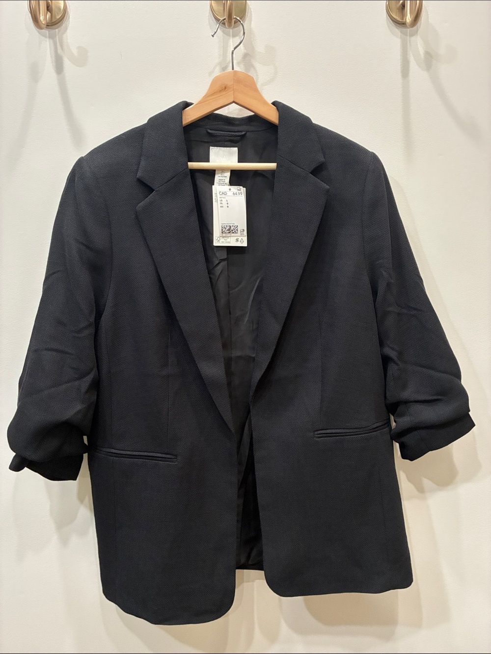 H&M Black Relaxed-Fit Blazer with Rolled Sleeves - Size Large